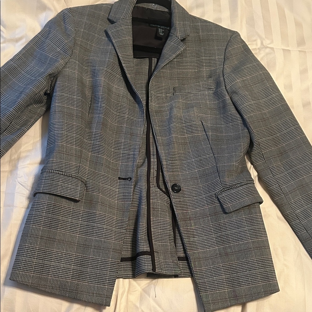 Gray Plaid Blazer with Red Detailing